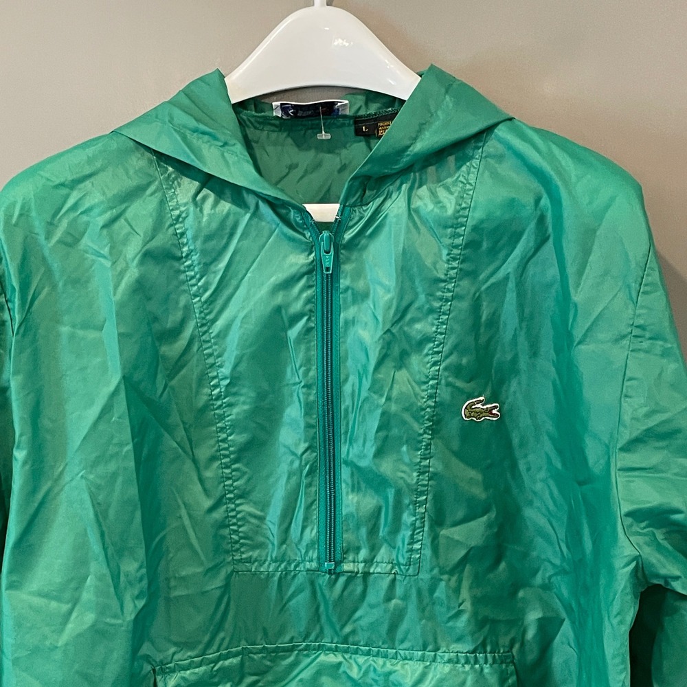 Vintage Izod Lacoste Mens Green Half Zip Hooded Windbreaker Jacket Large YKK